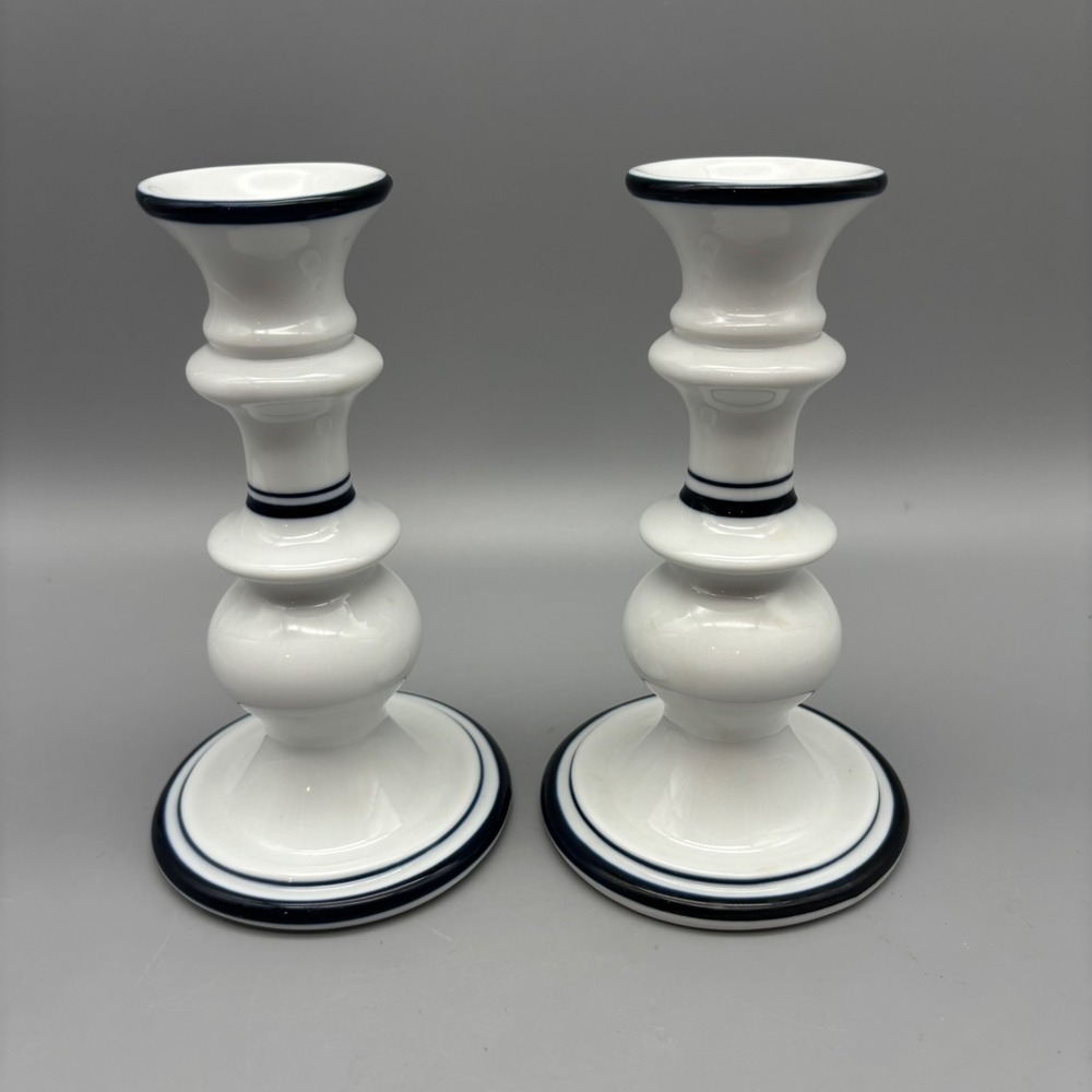 Dansk Bistro Candle‎ Holder Christianshavn Blue White Portugal Candlesticks Pair